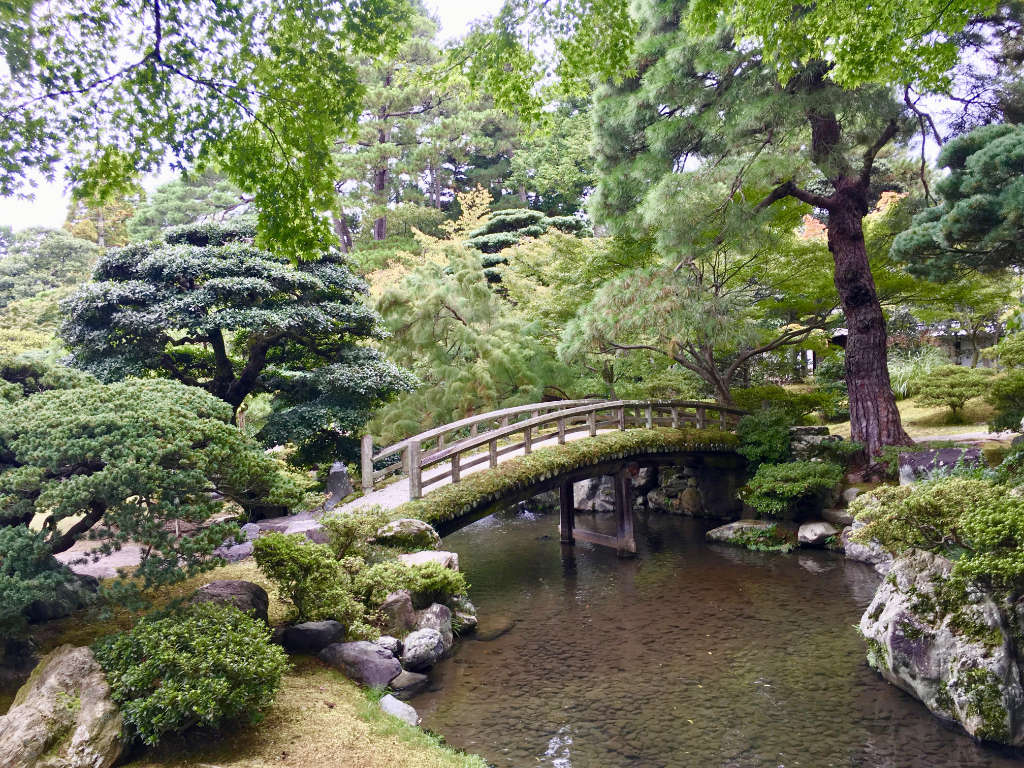 Jardin japonais avec pont recouvert de mousse
